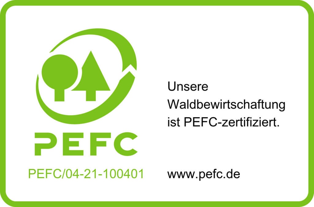 PEFC-Logo mit Hinweis auf zertifizierte Waldbewirtschaftung