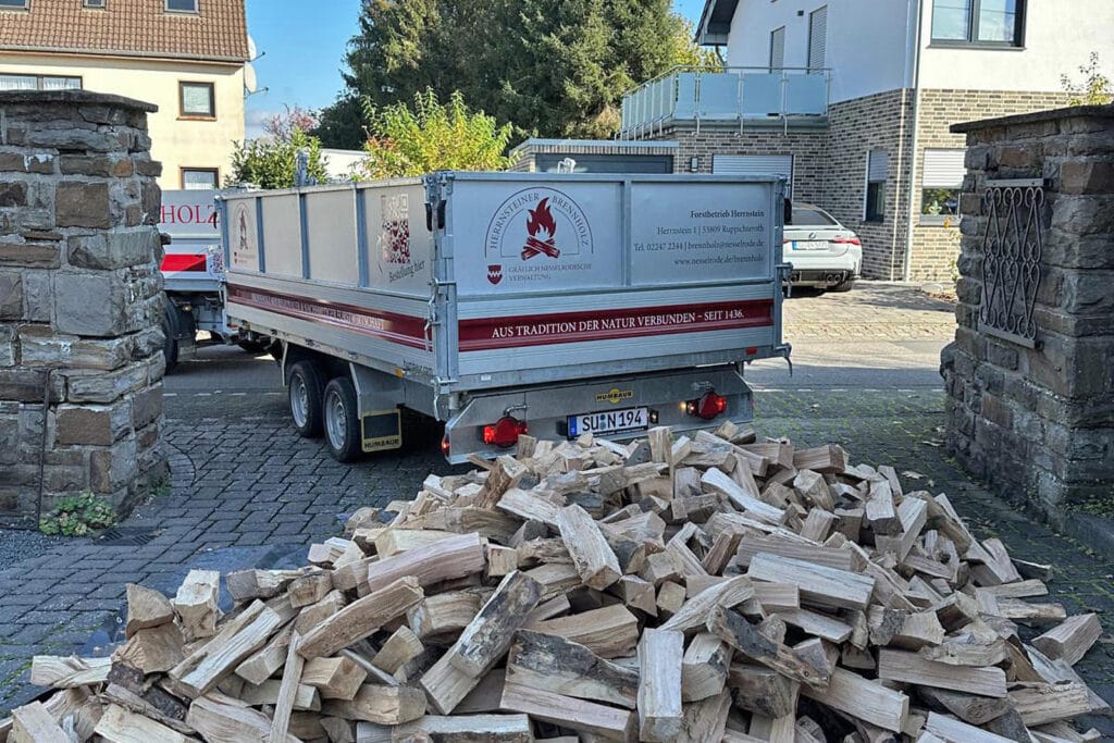 Anhänger kippt Brennholz in Hofeinfahrt ab